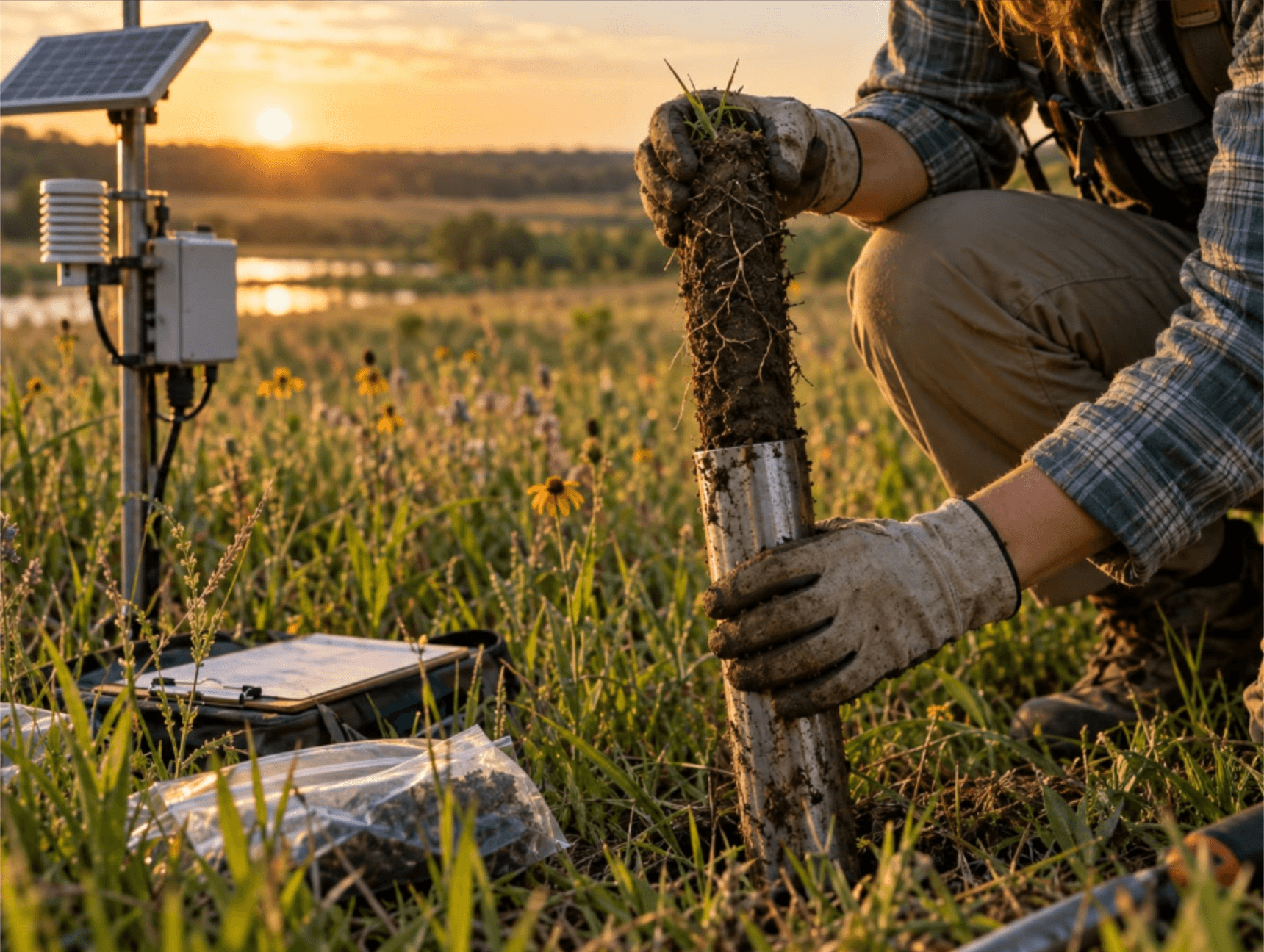 A steward lifts a soil core in a wildflower meadow beside a solar-powered environmental sensor at sunset