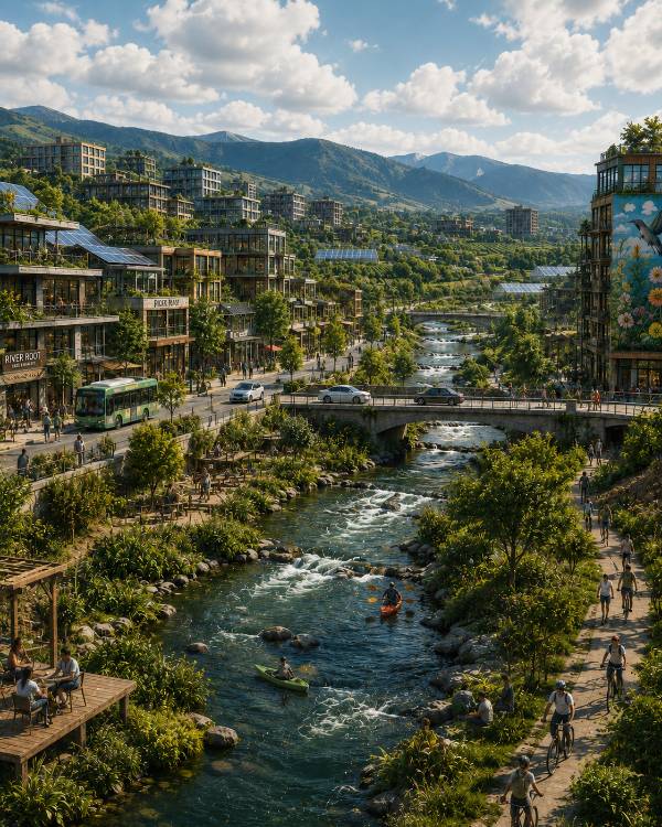 Regenerative stage — living river, thriving settlement